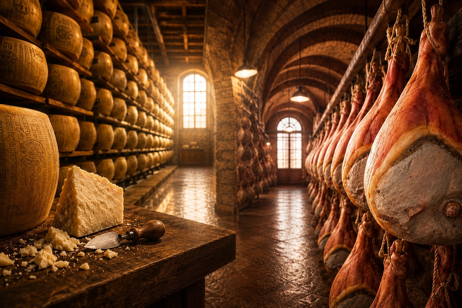 Ageing hall with hanging legs of Prosciutto di Parma on the left and shelves of Parmigiano Reggiano wheels on the right, lit by warm window light